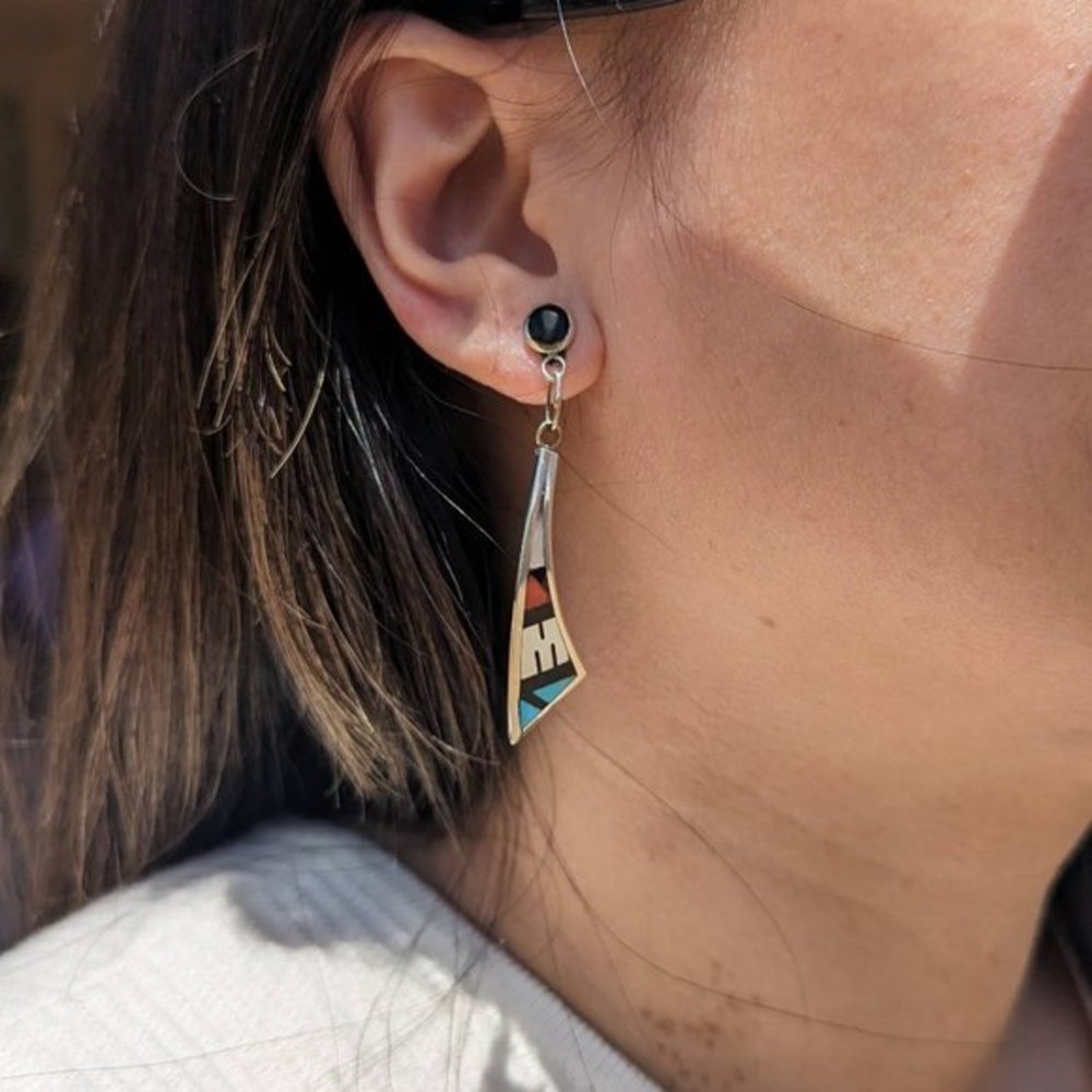 Handmade Native American Zuni Women's Inlay Dangle Earrings - Picture 5 of 8